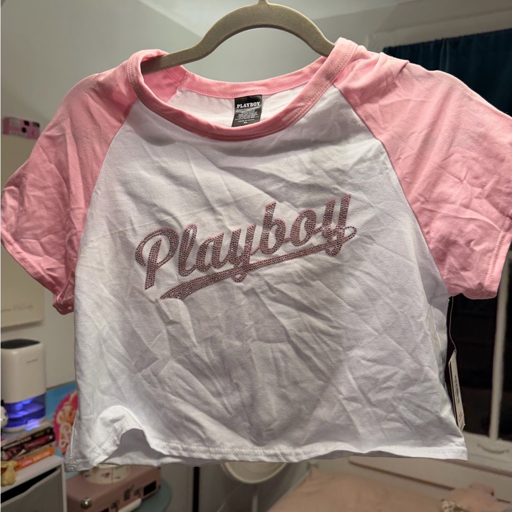 PLAYBOY Pink and White Graphic Tee